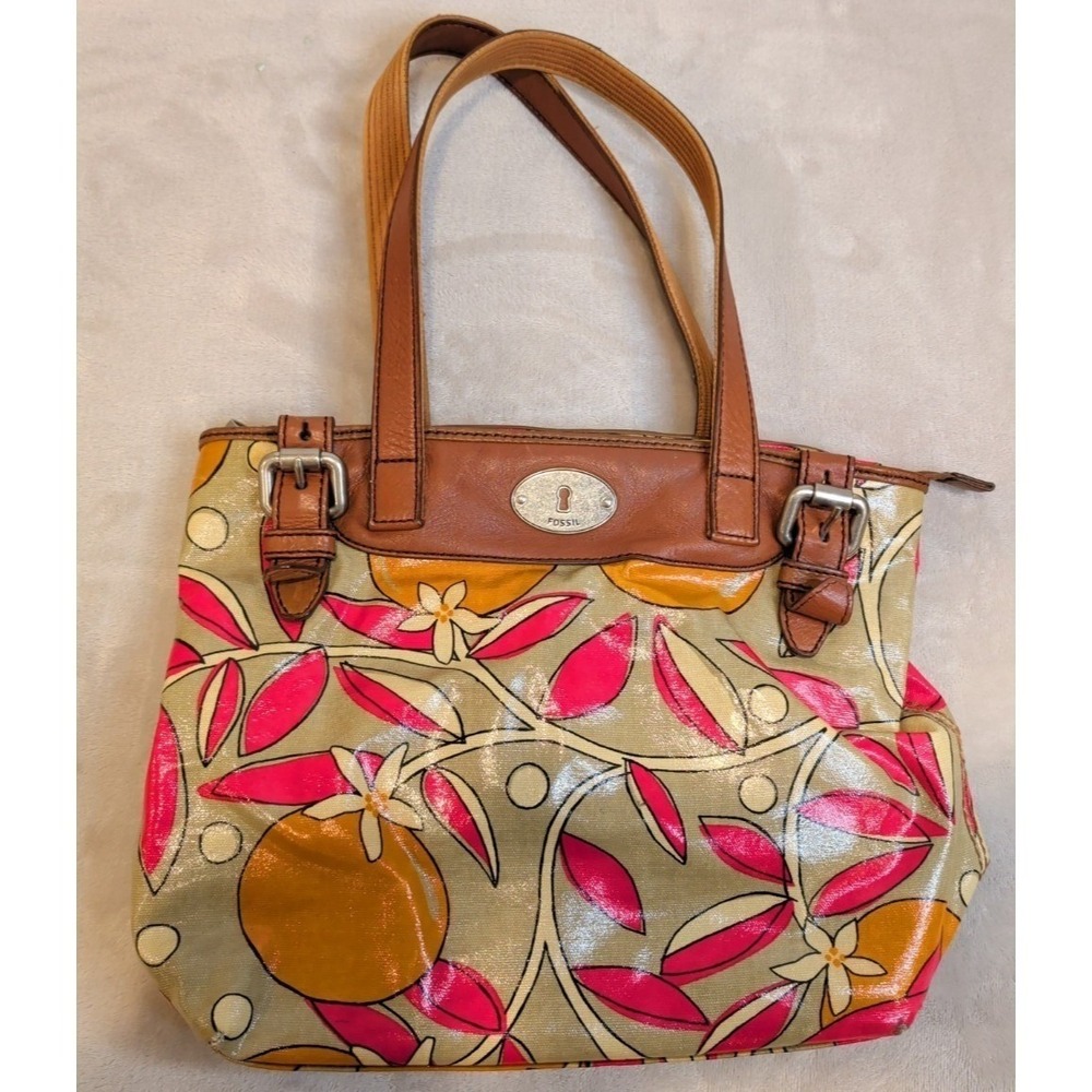 Fossil Key-Per Citrus‎ Print Tote Bag Leather Trim Canvas Shoulder Handbag